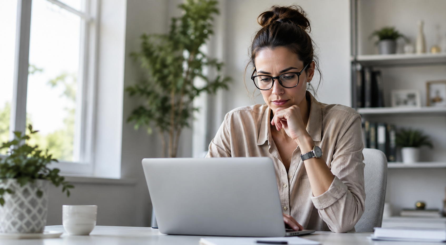 Woman reviewing content on a laptop in a bright modern office
